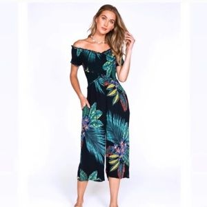 NWT Patrons of Peace Smocked Tropical Print Off the Shoulder Crop Jumpsuit
